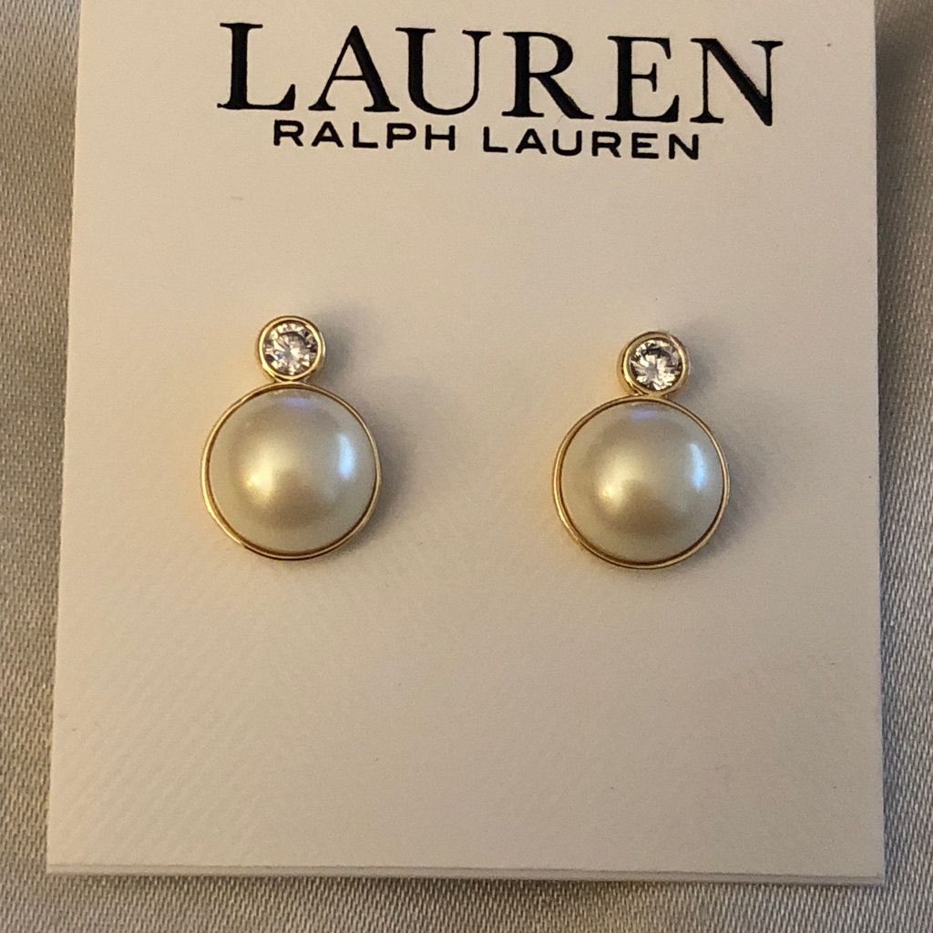 Lauren Ralph Lauren Gold Tone Crystal Stacked Faux Pearl Stud Earrings Nwt 28$